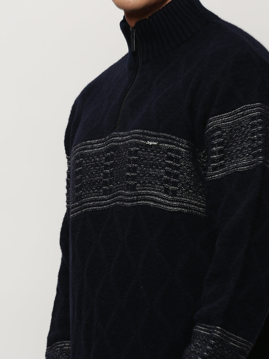 Men Navy Knitted Casual Sweaters