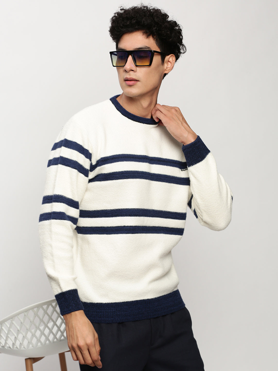 Men White Striped Casual Sweaters