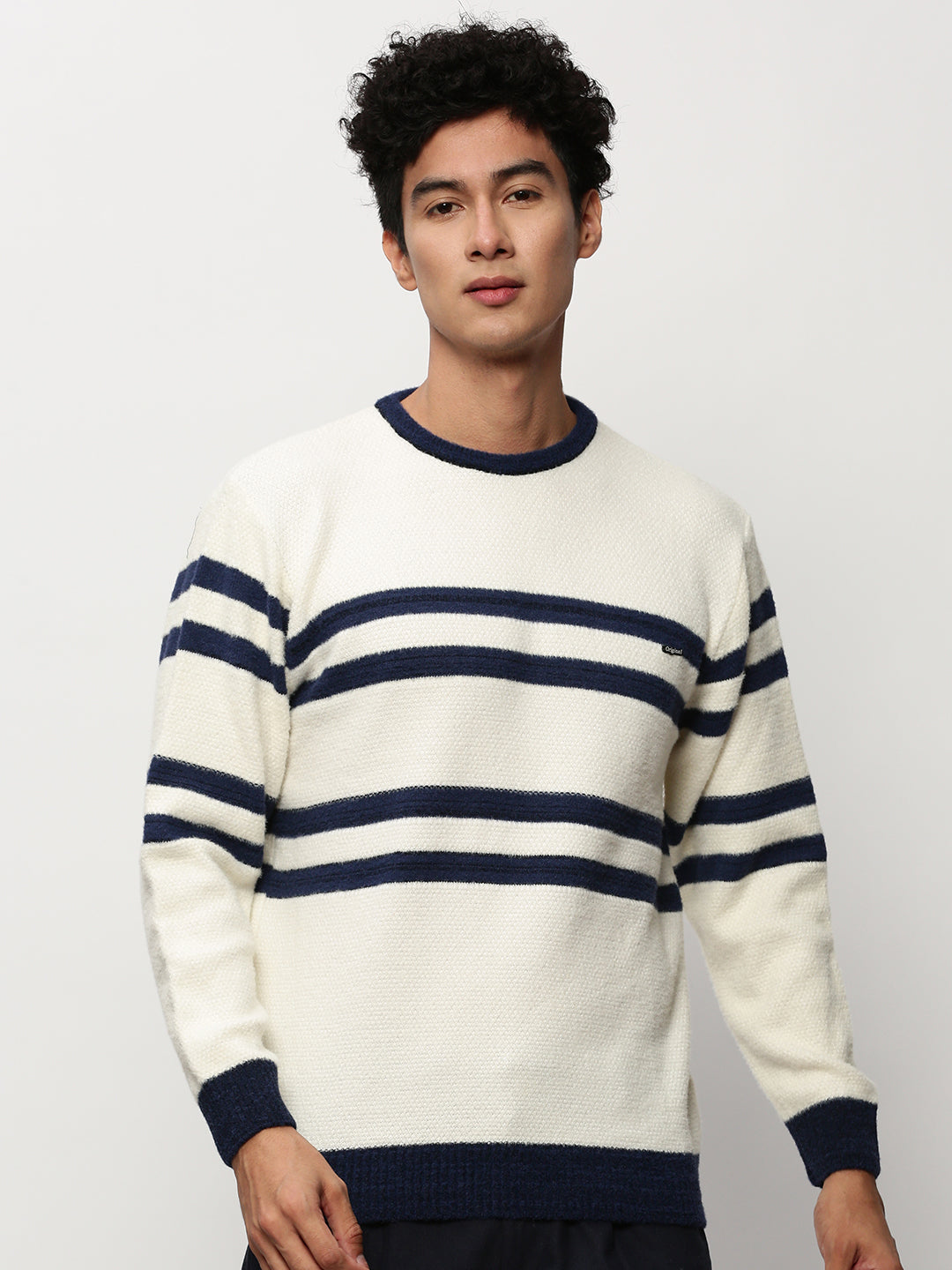 Men White Striped Casual Sweaters