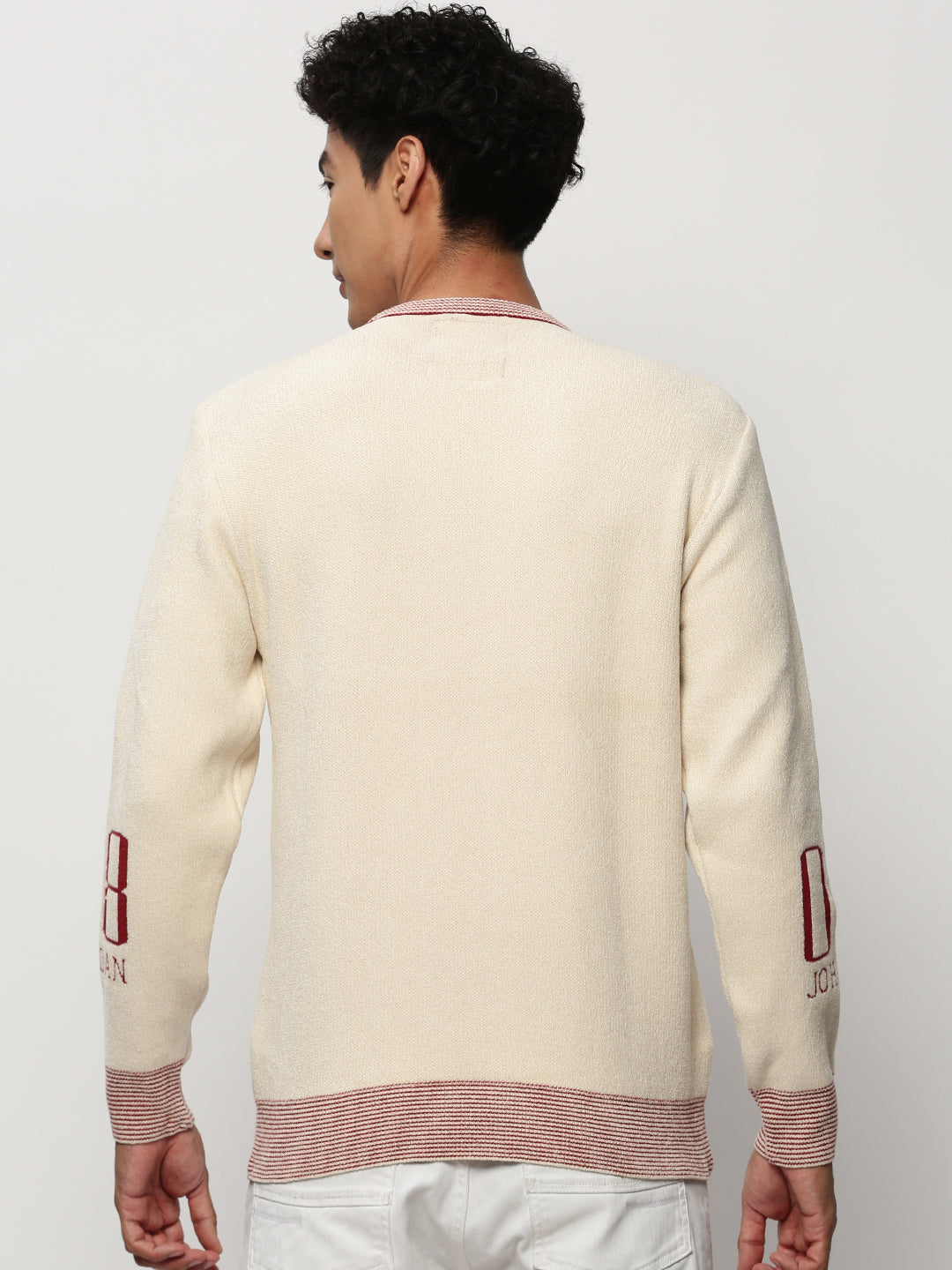 Men Cream Typographic Casual Sweaters