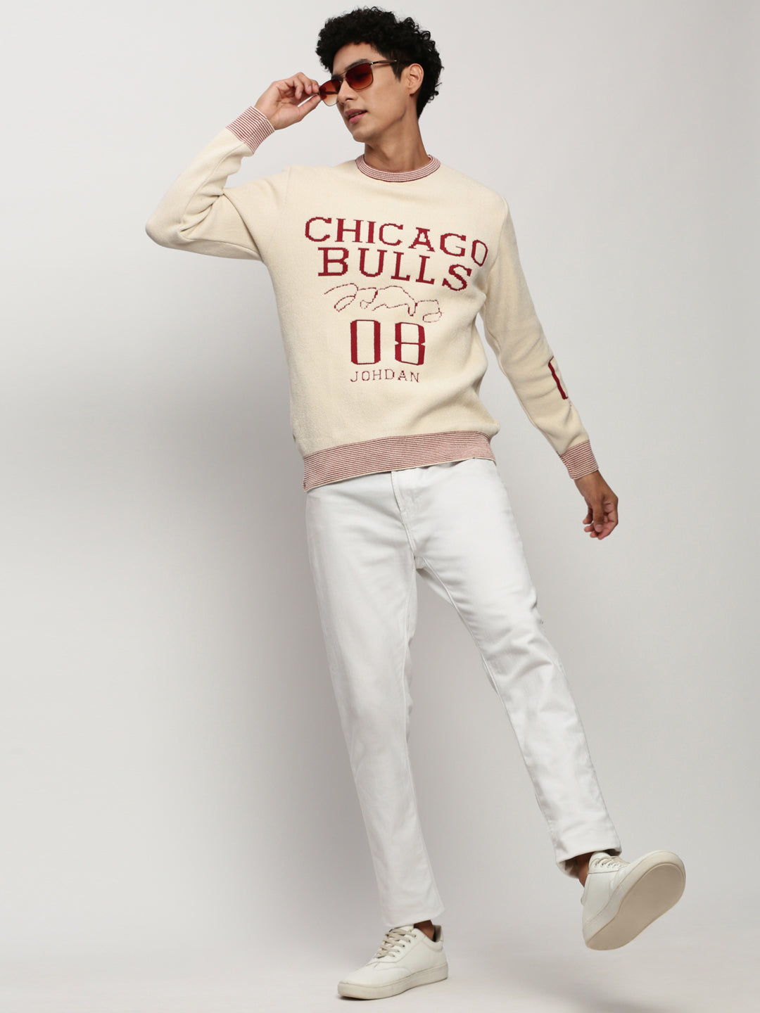 Men Cream Typographic Casual Sweaters