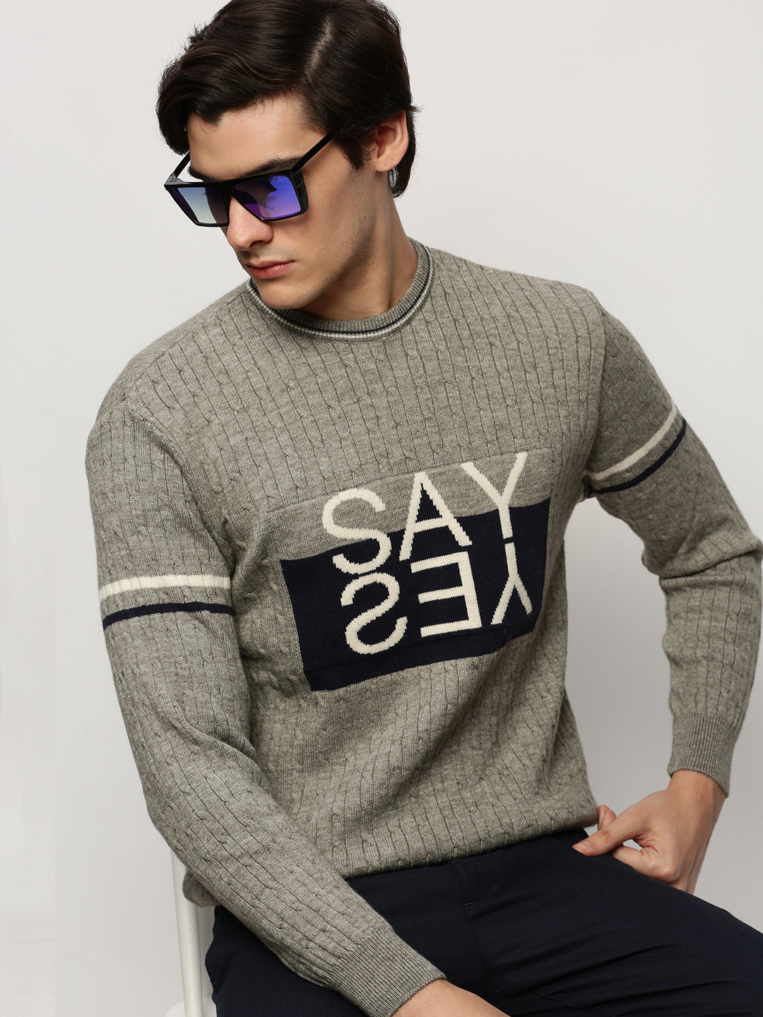 Men Grey Typographic Casual Sweaters