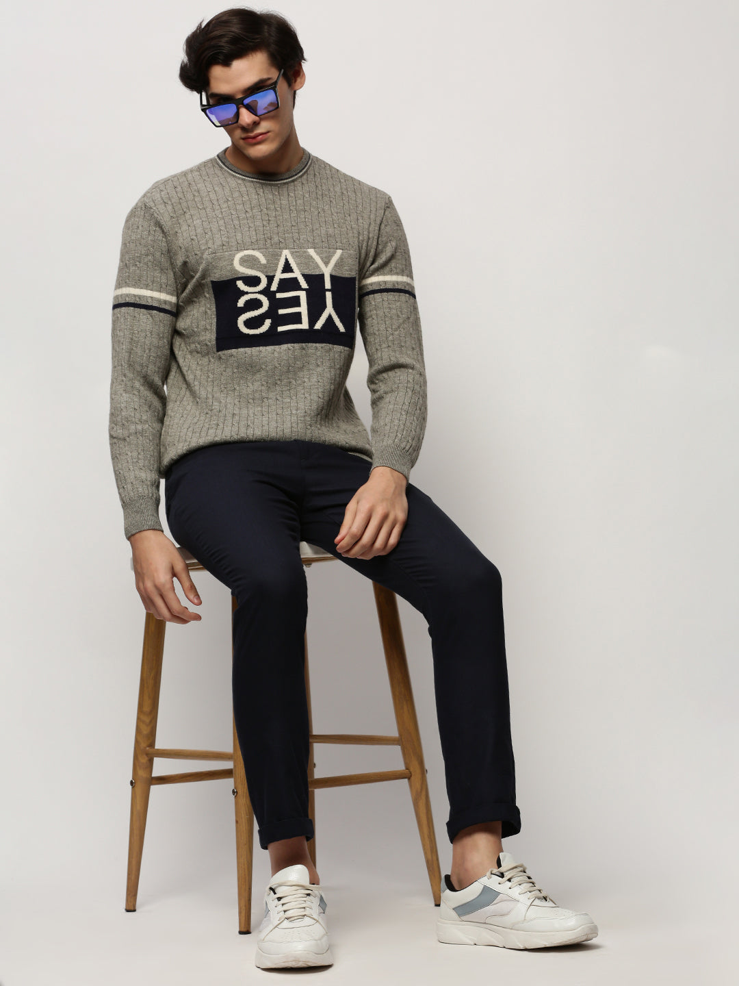 Men Grey Typographic Casual Sweaters