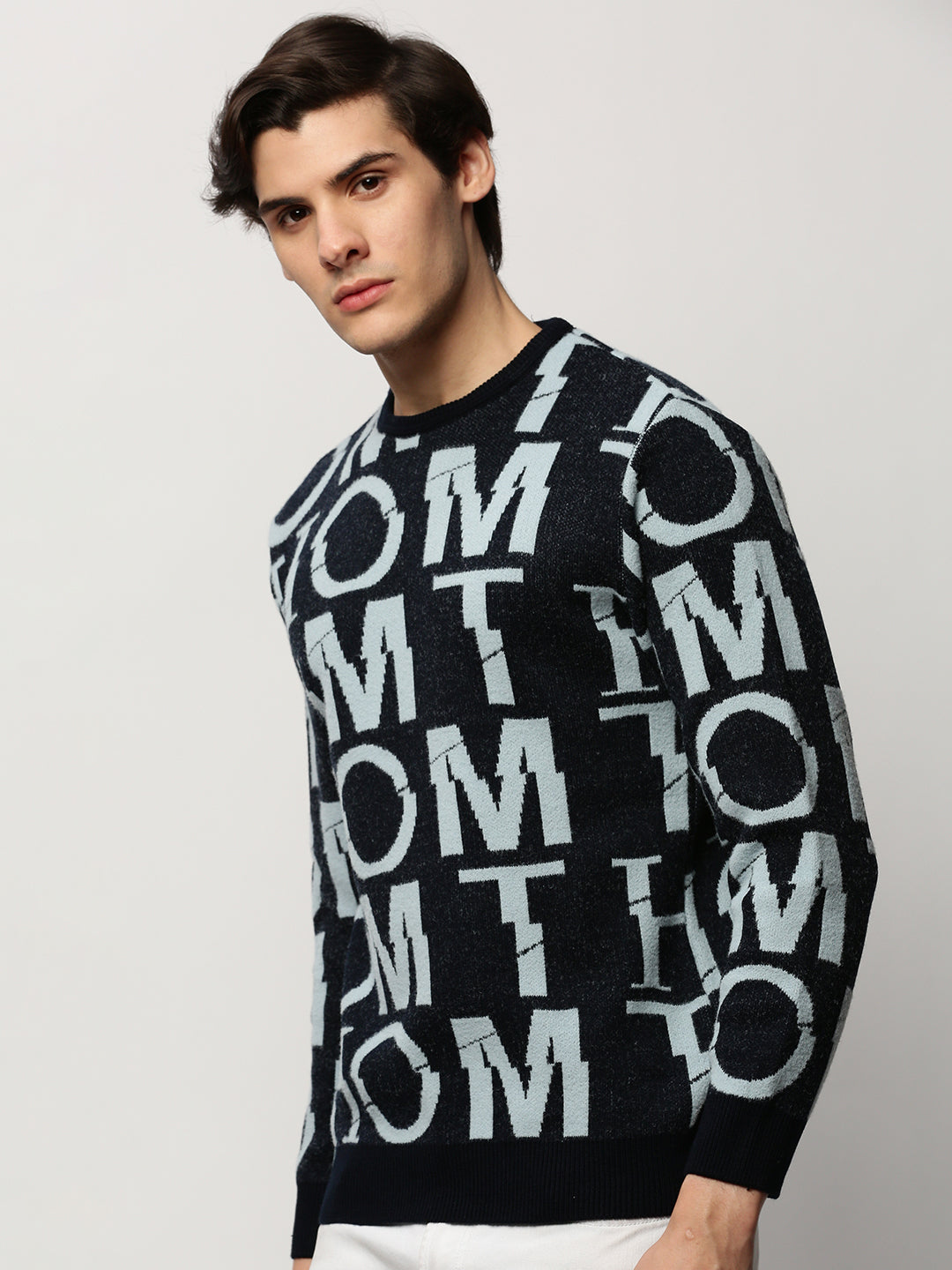 Men Navy Typographic Casual Sweaters