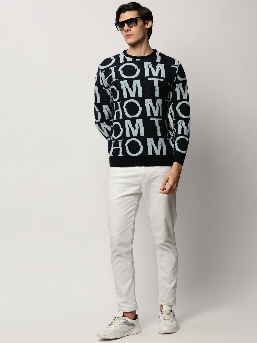 Men Navy Typographic Casual Sweaters