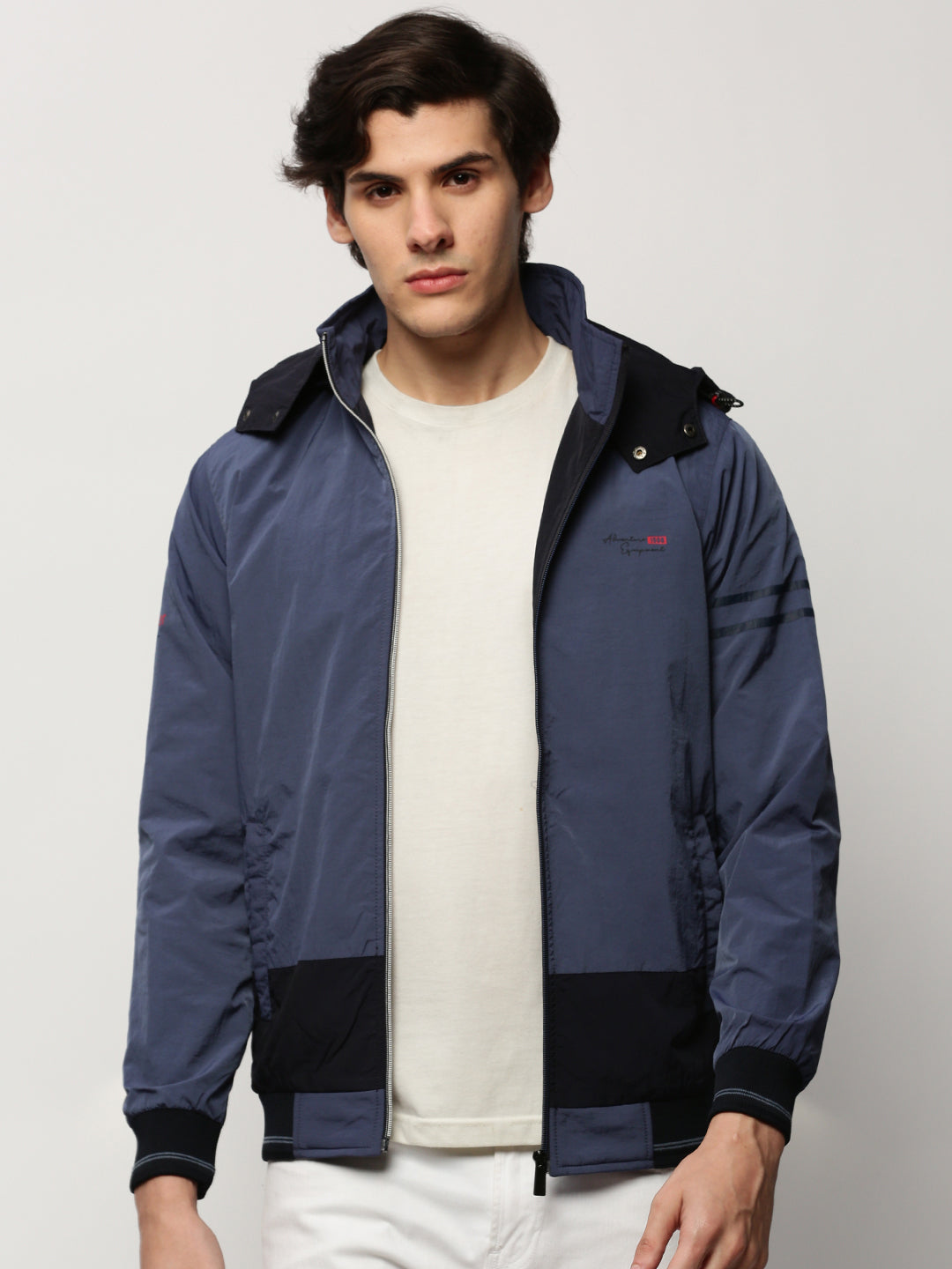 Men Blue Colourblock Casual Bomber Jackets