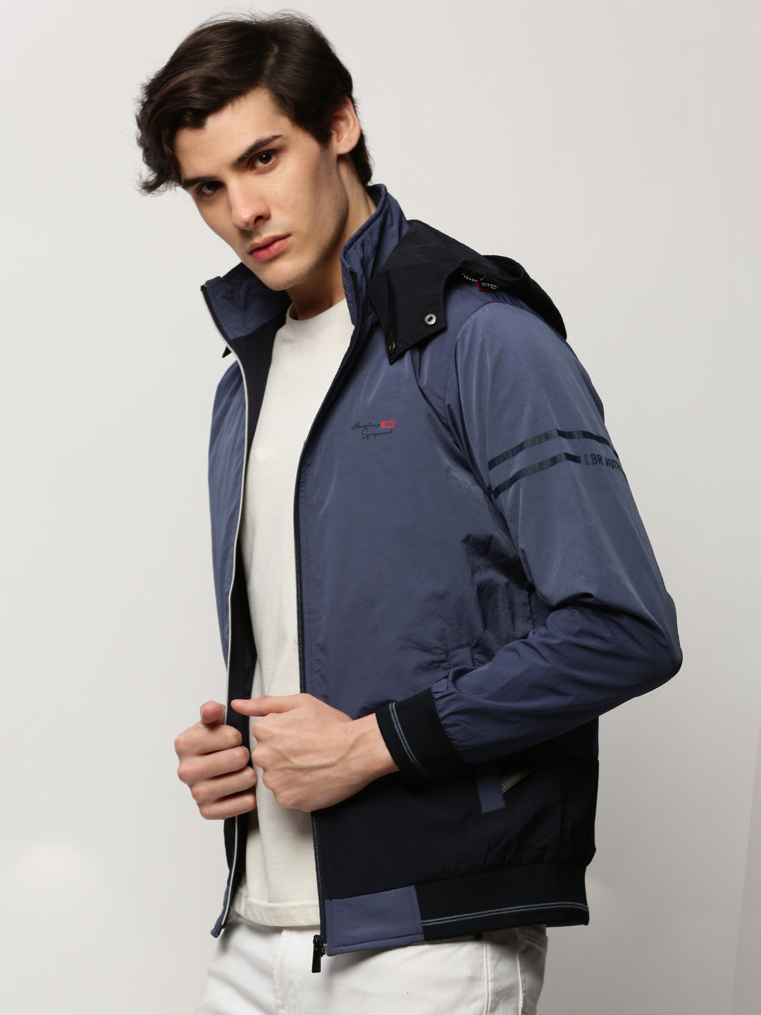 Men Blue Colourblock Casual Bomber Jackets