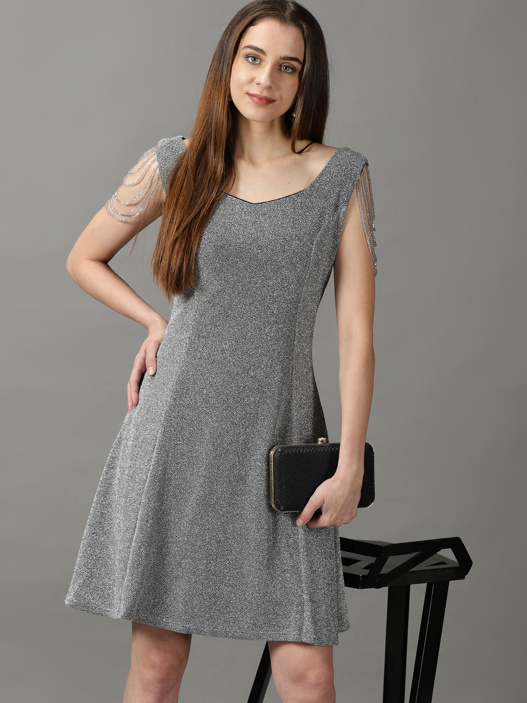 Women's Silver Embellished A-Line Dress