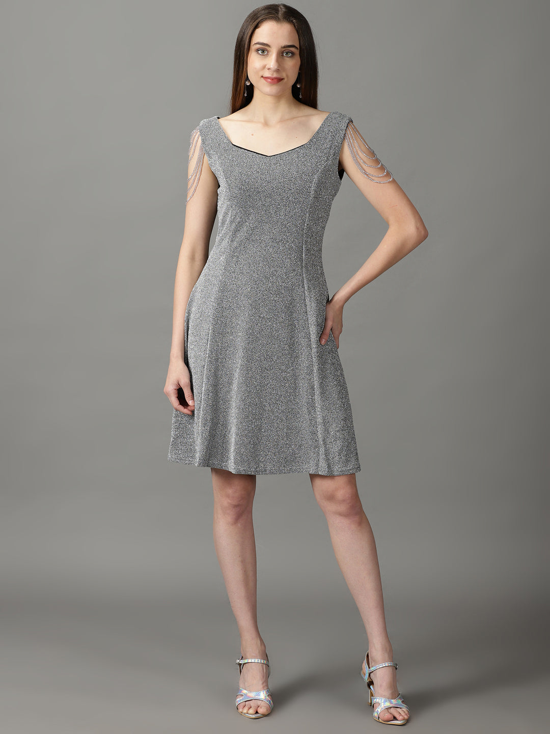 Women's Silver Embellished A-Line Dress
