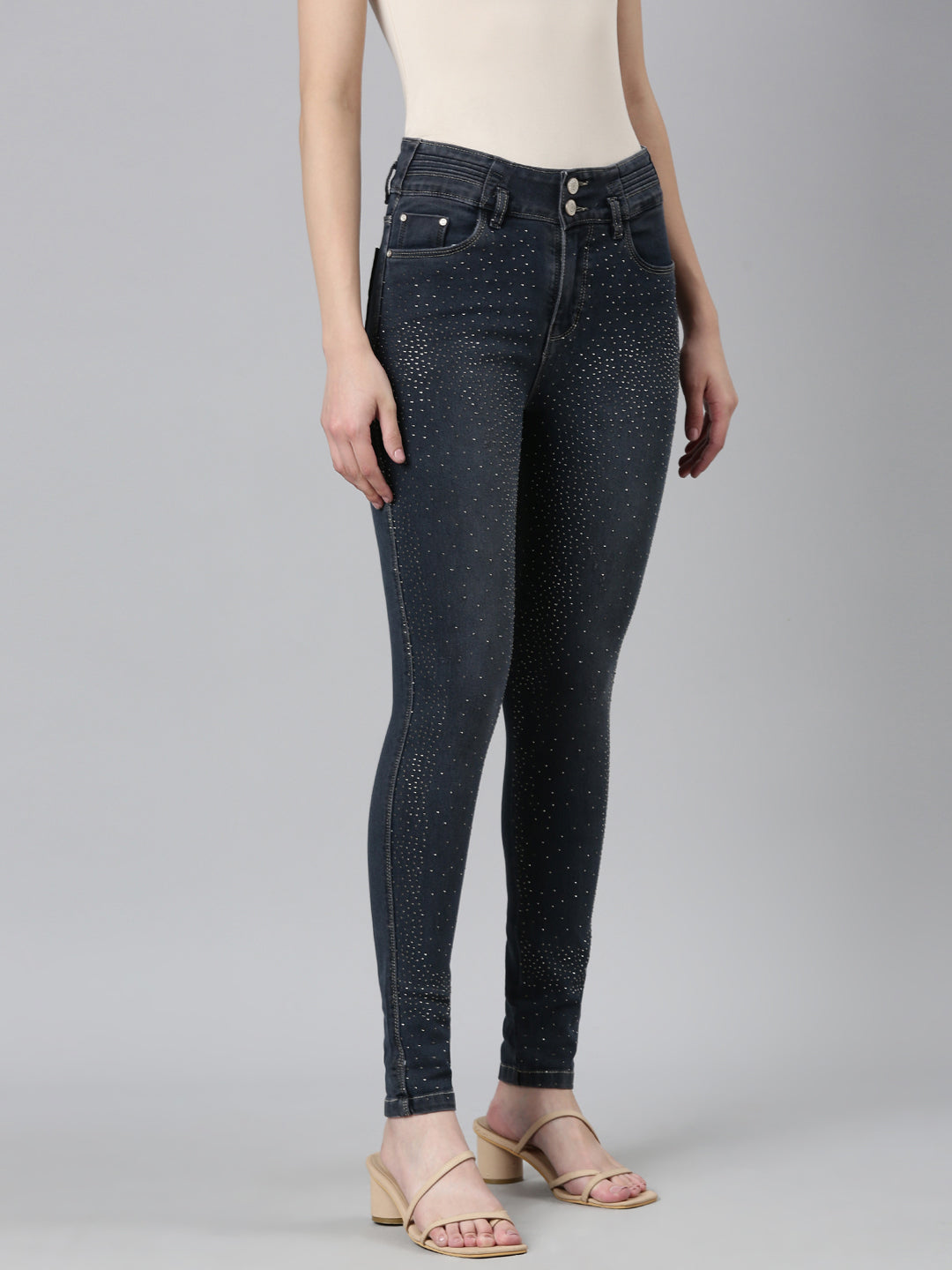 Women Grey Solid Straight Fit Denim Jeans