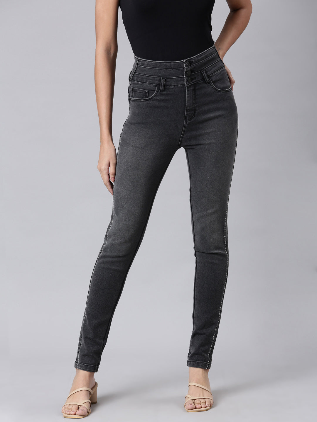 Women Grey Embellished Skinny Fit Denim Jeans