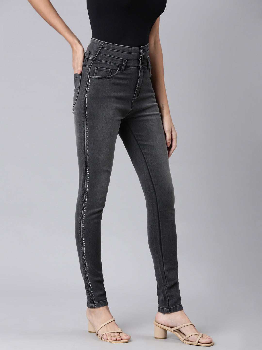 Women Grey Embellished Skinny Fit Denim Jeans