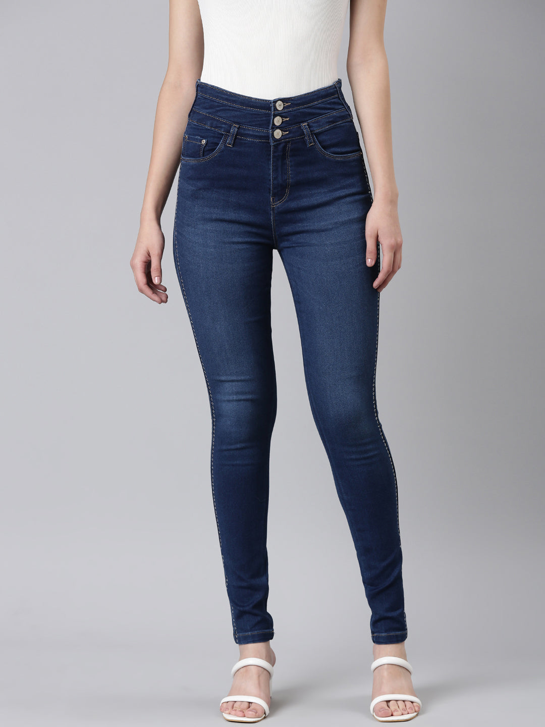 Women Navy Blue Embellished Skinny Fit Denim Jeans