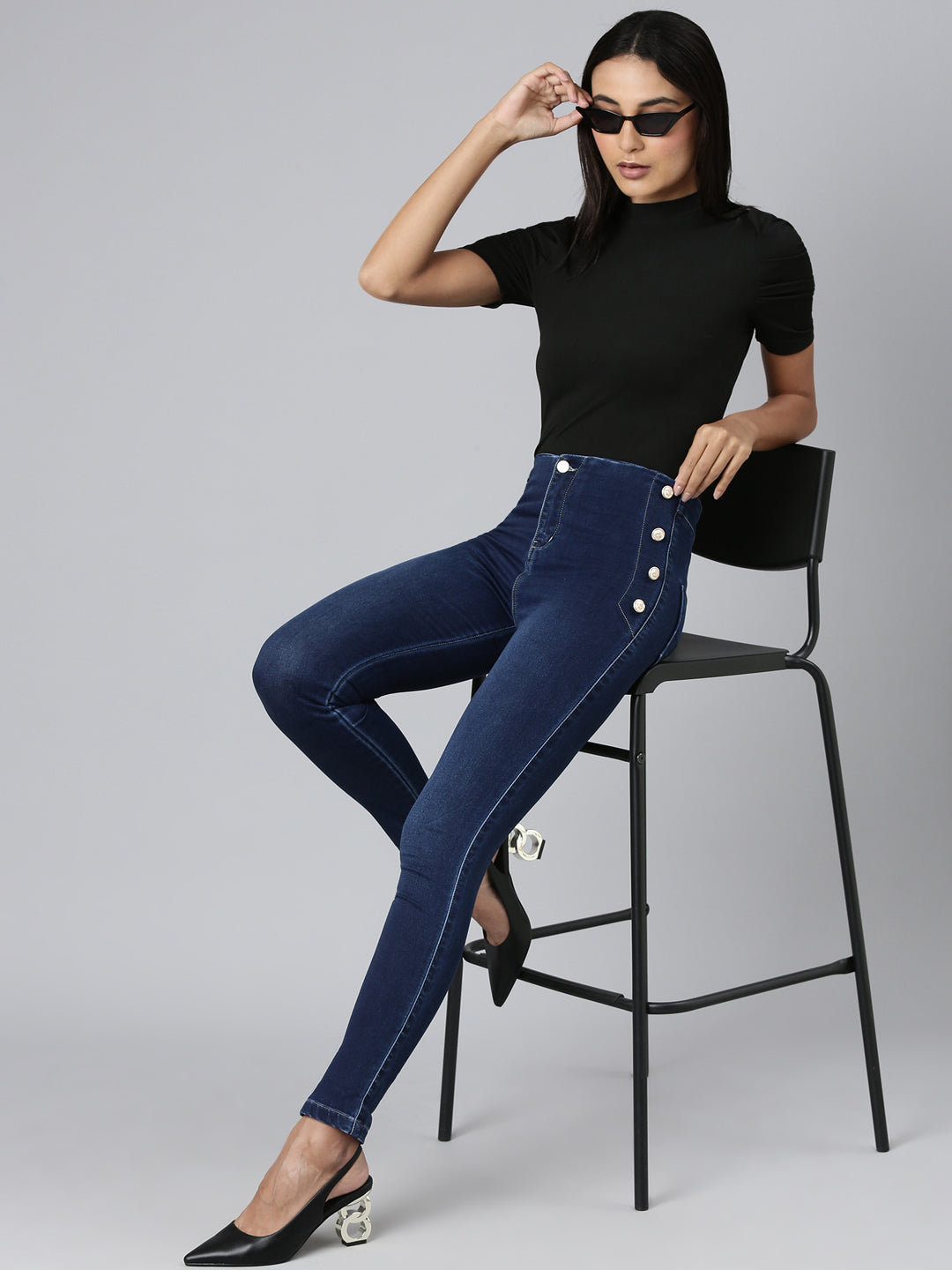 Women Navy Blue Solid Slim Fit Denim Jeans