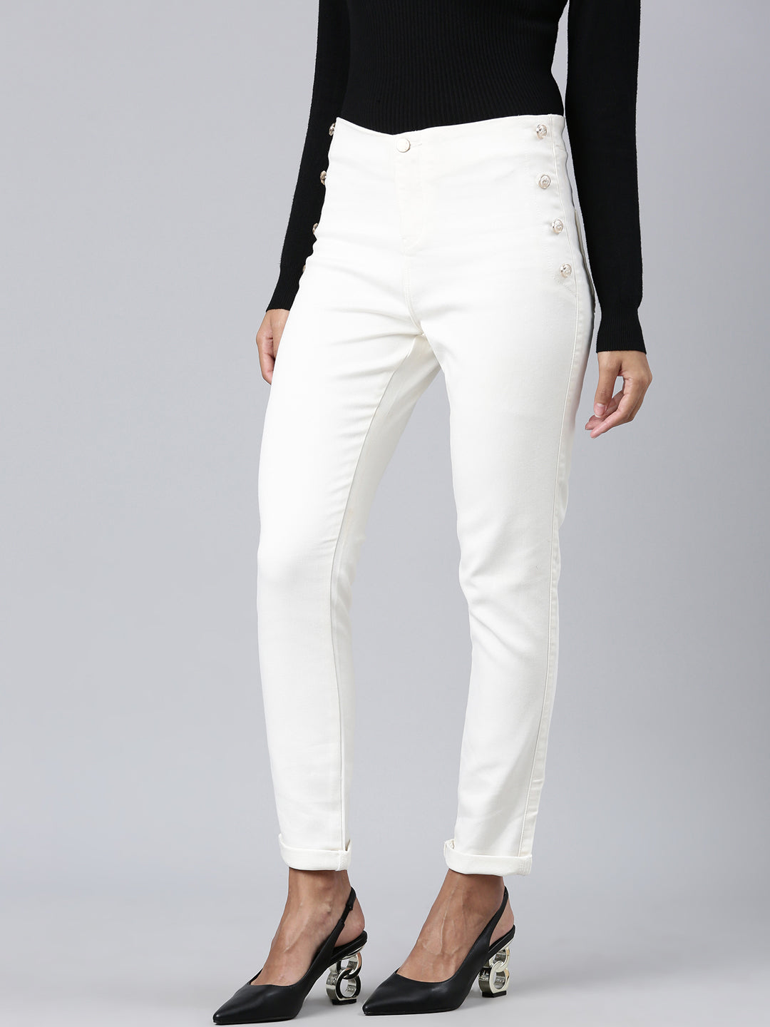 Women Off White Solid Slim Fit Denim Jeans