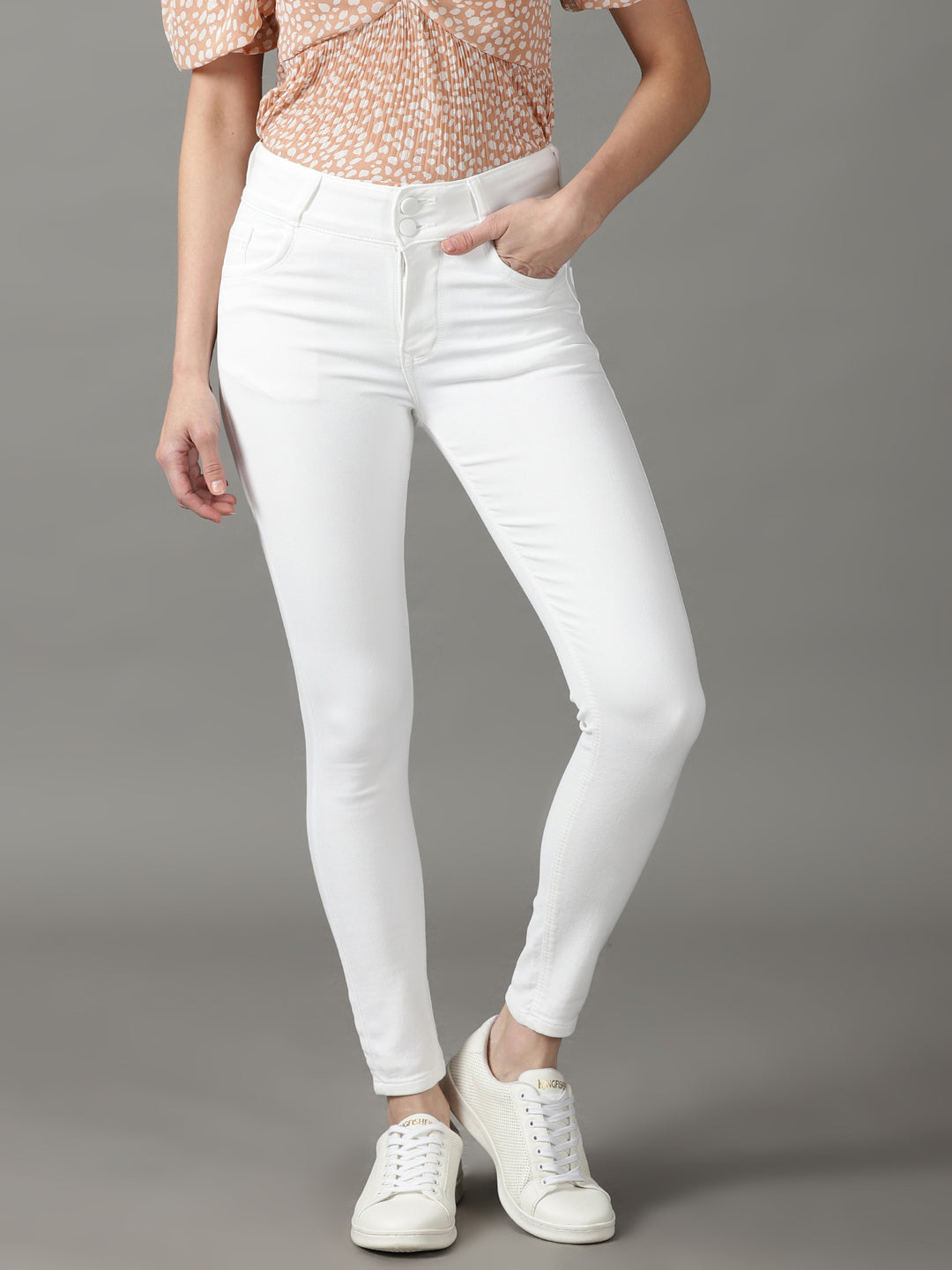 Women's White Solid Skinny Fit Denim Jeans