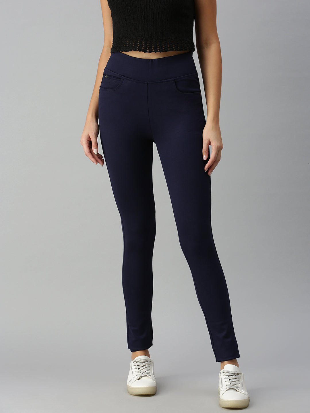 Women's Navy Blue Solid Denim Skinny Jeans