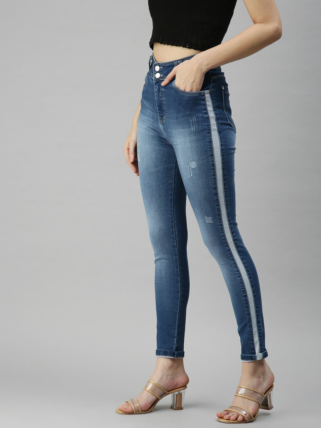 Women's Blue Solid Denim Slim Jeans
