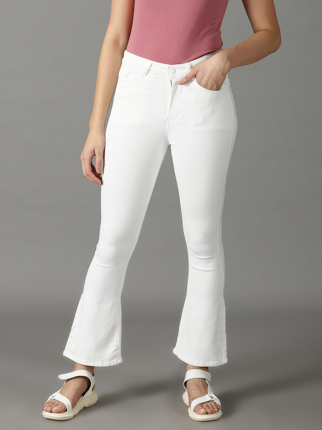 Women's White Solid Bootcut Denim Jeans