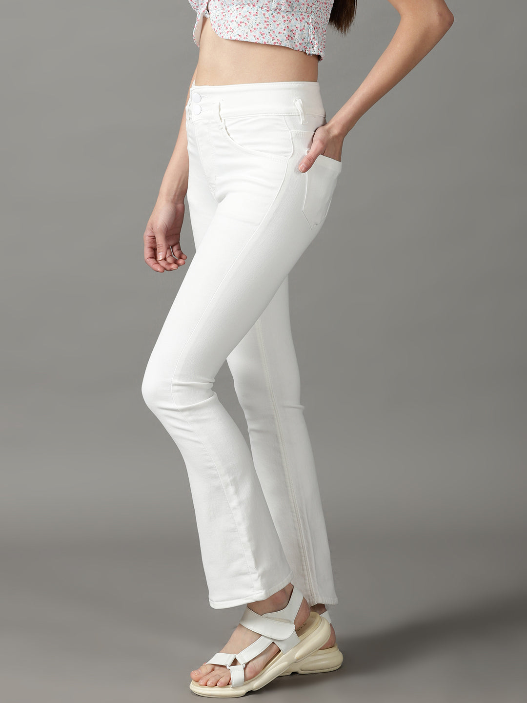 Women's White Solid Bootcut Denim Jeans