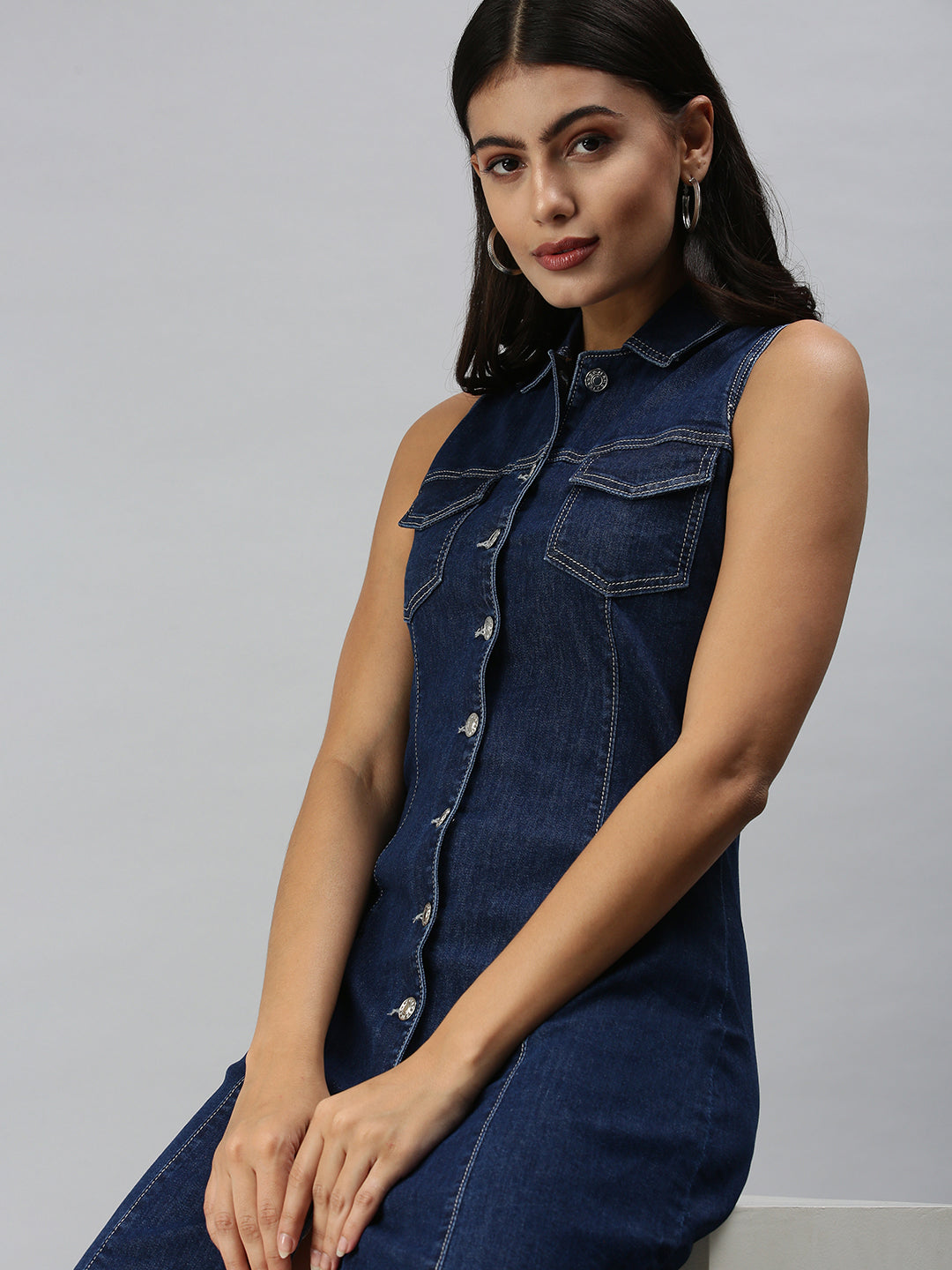 Women's Blue Solid Pinafore Dress