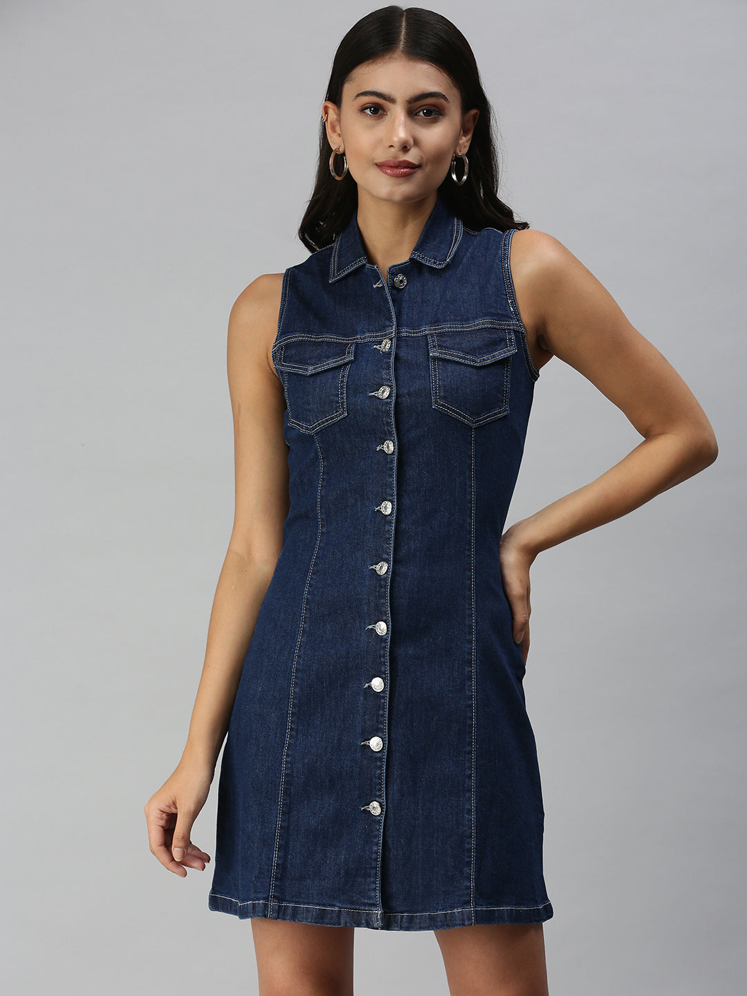 Women's Blue Solid Pinafore Dress