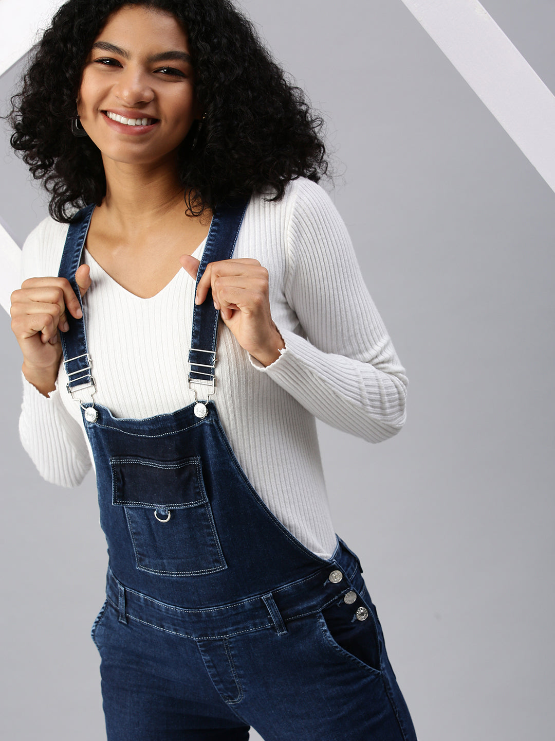Women's Navy Blue Solid Dungarees