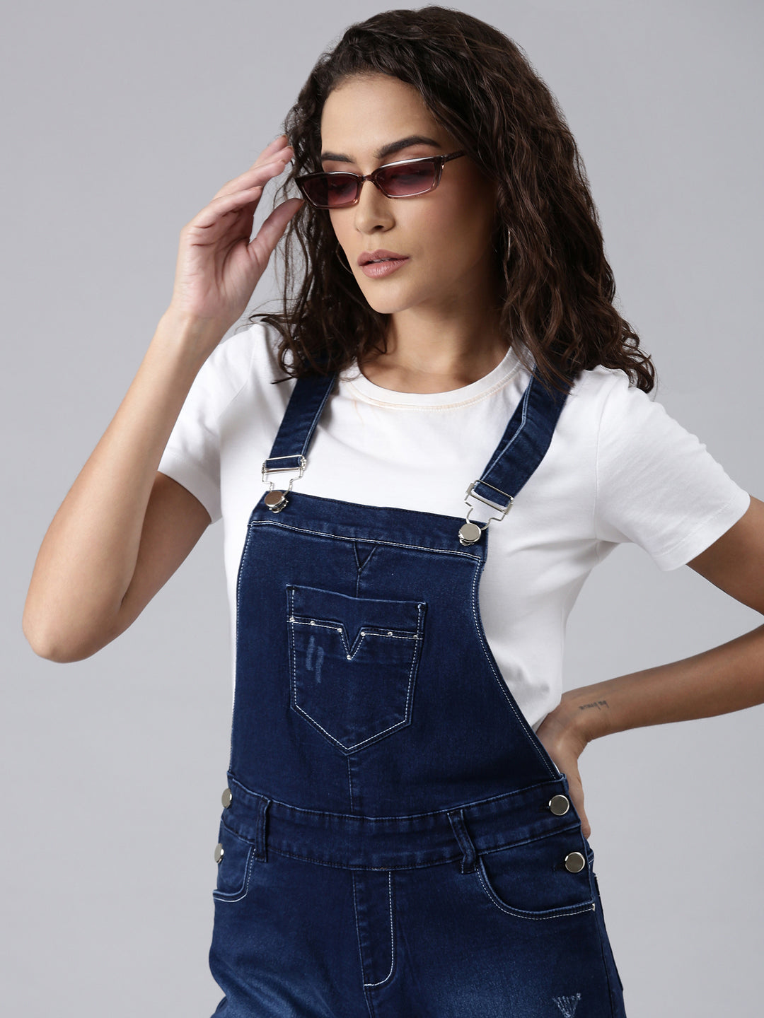 Women Navy Blue Solid Dungaree