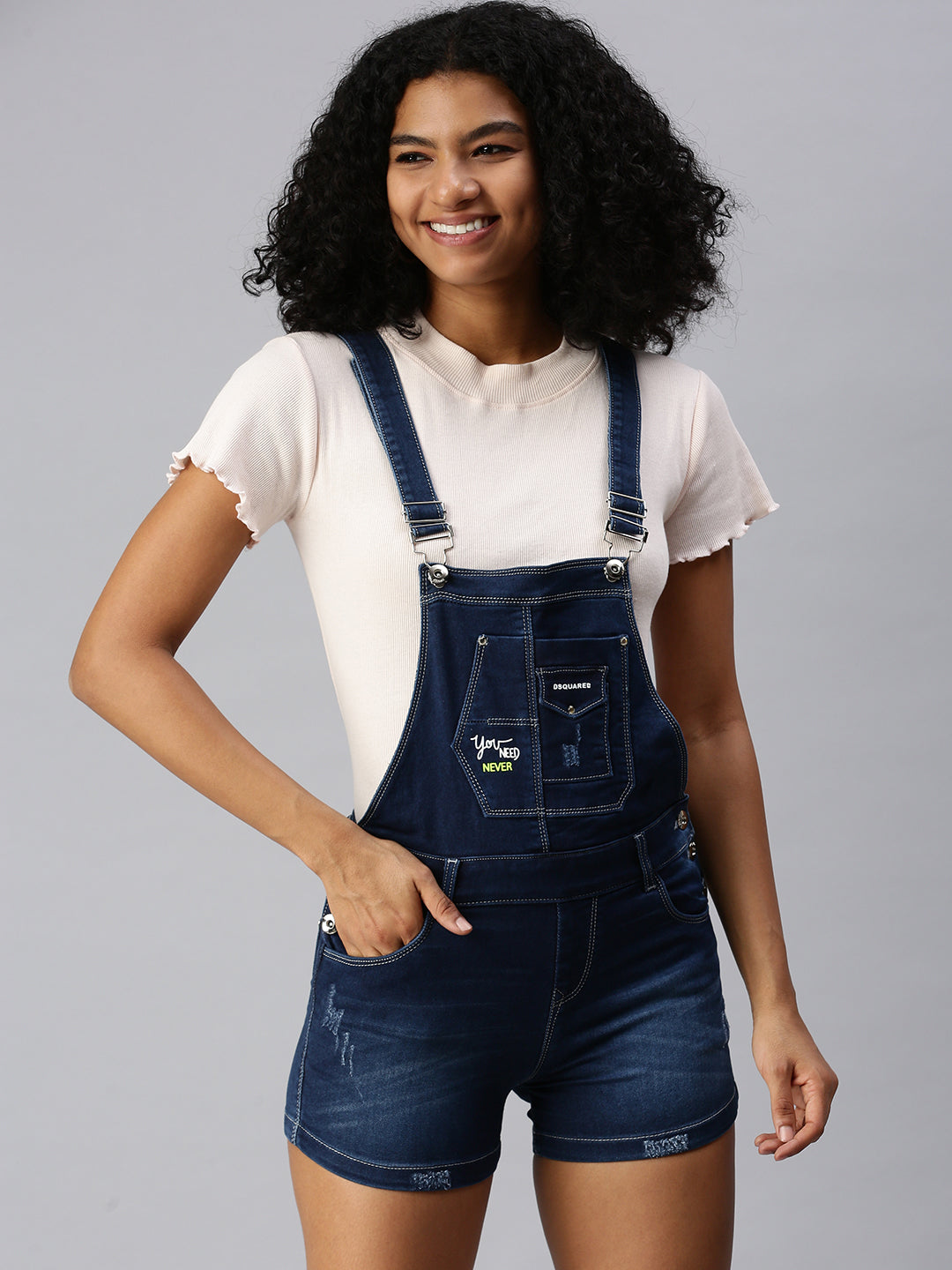 Women's Navy Blue Solid Dungarees