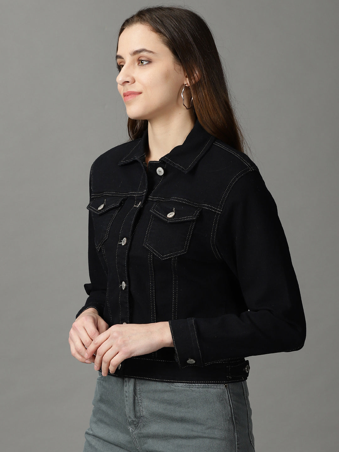 Women's Black Solid Denim Jacket