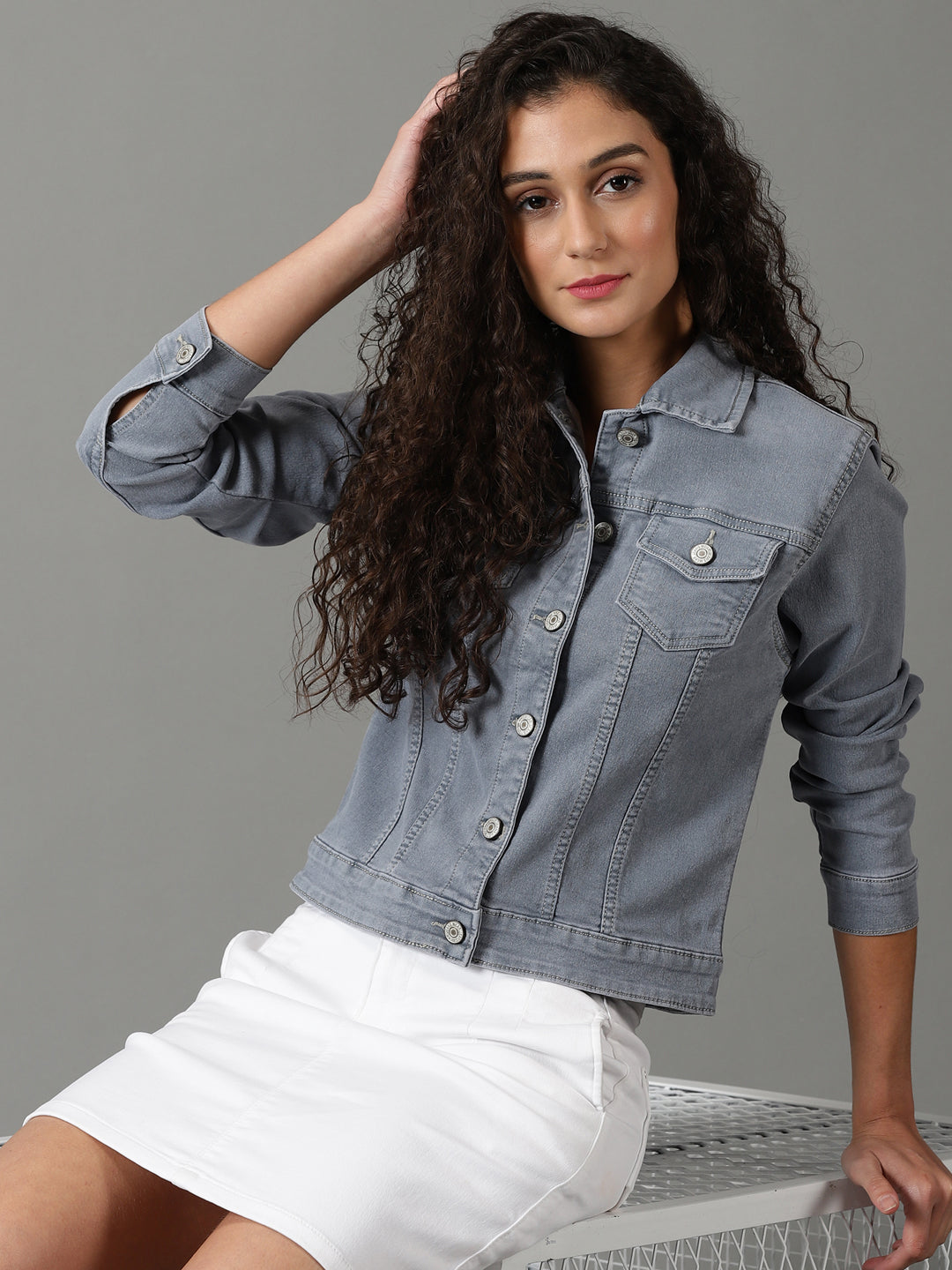 Women's Grey Solid Denim Jacket