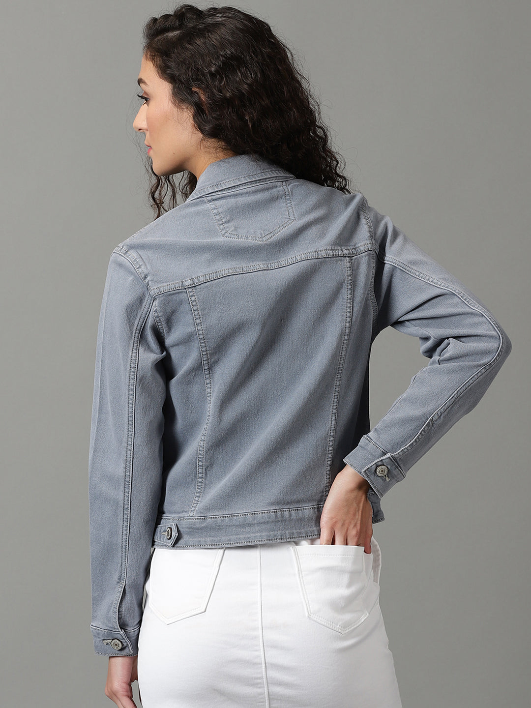 Women's Grey Solid Denim Jacket