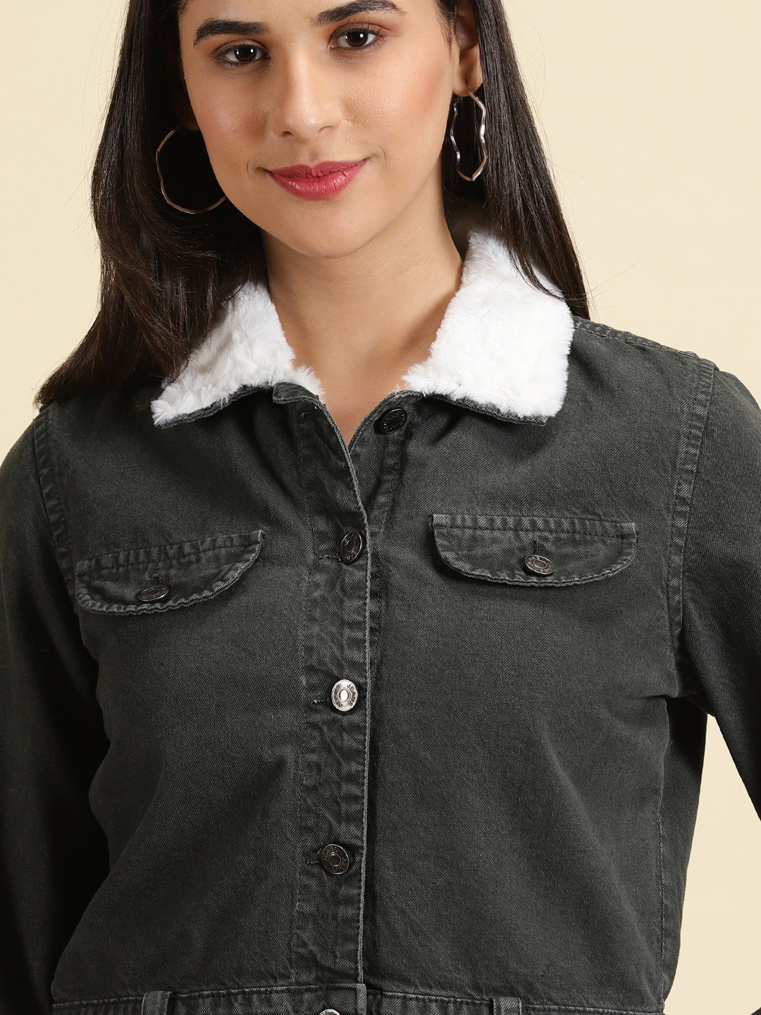Women's Grey Solid Denim Jacket