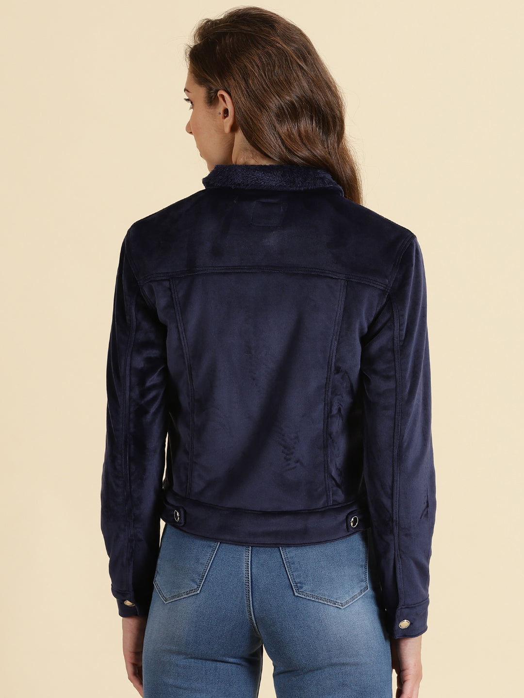 Women's Navy Blue Solid Open Front Jacket