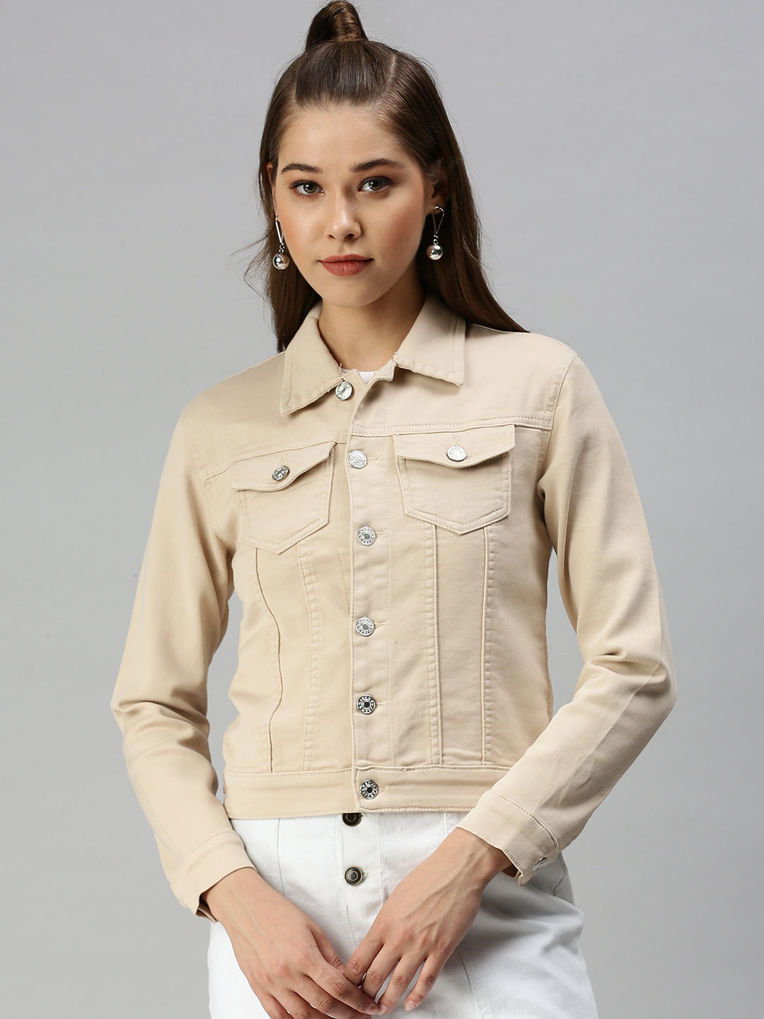 Women's Beige Solid Denim Jacket Jackets