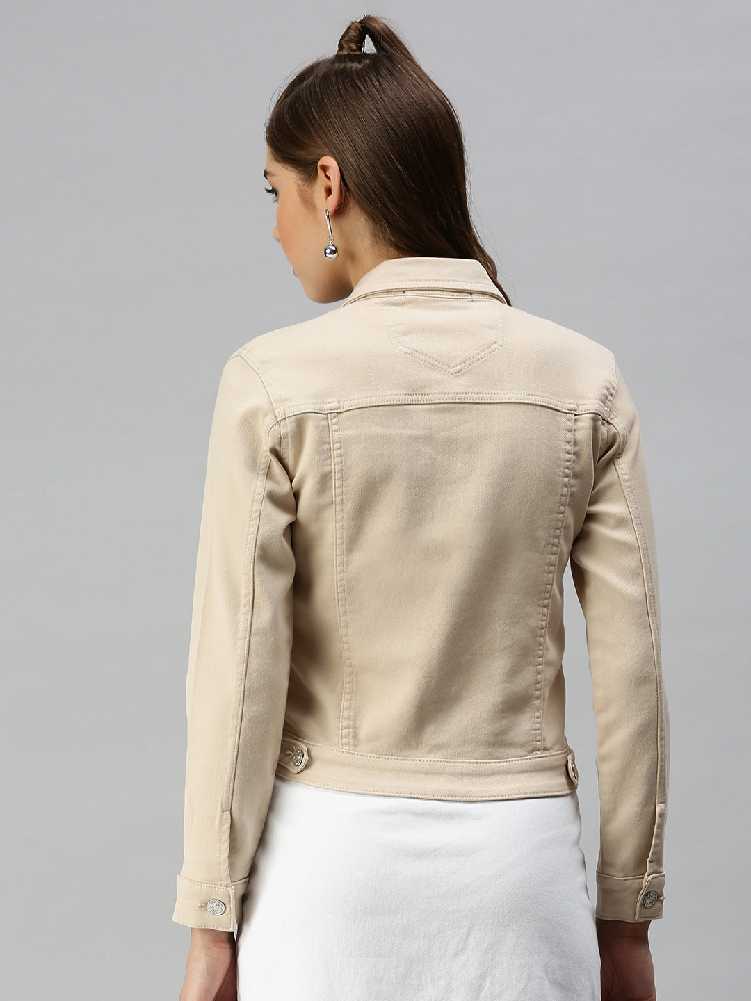 Women's Beige Solid Denim Jacket Jackets