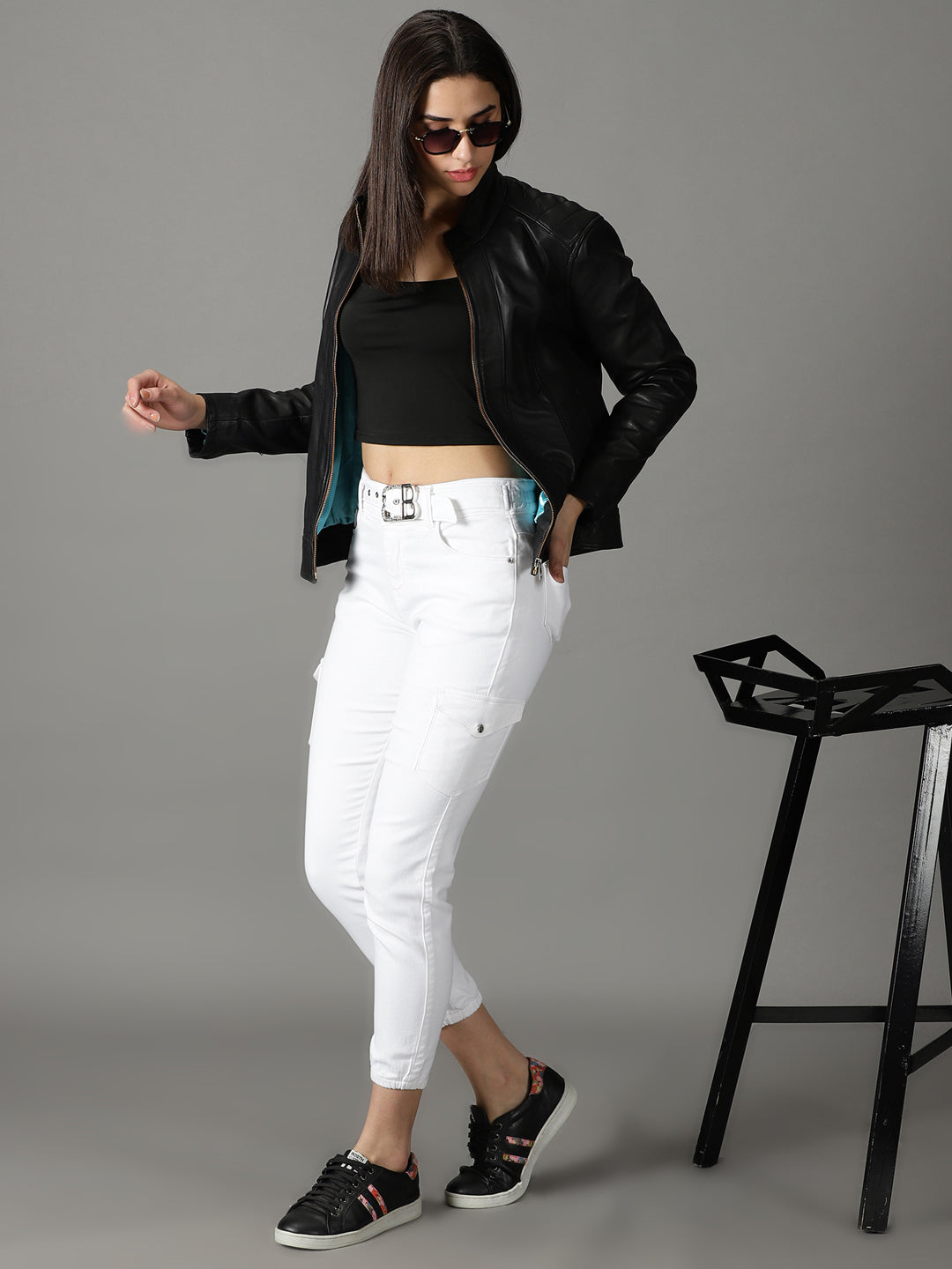 Women's White Solid Jogger Denim Jeans
