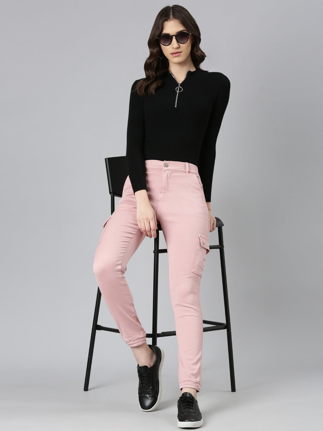 Women Pink Solid Jogger Denim Jeans
