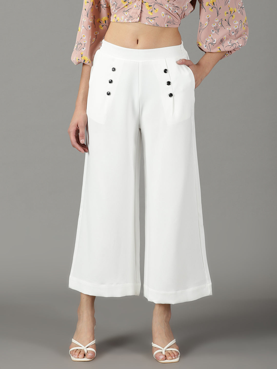 Women's White Solid Parallel Trouser