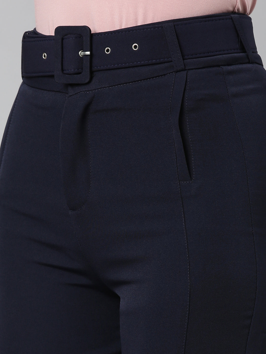 Women Navy Blue Solid Formal Trouser