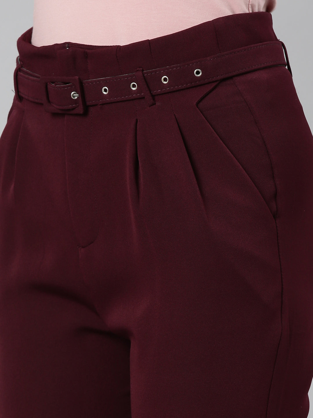 Women Burgundy Solid Peg Trouser