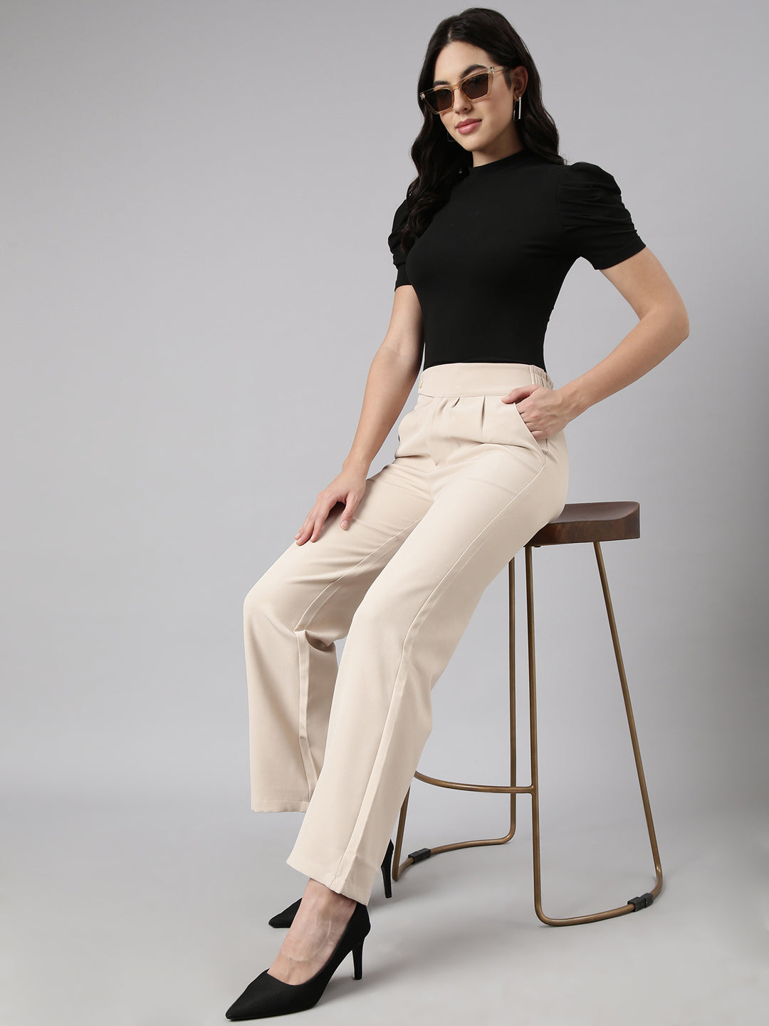 Women Solid Beige Parallel Trousers