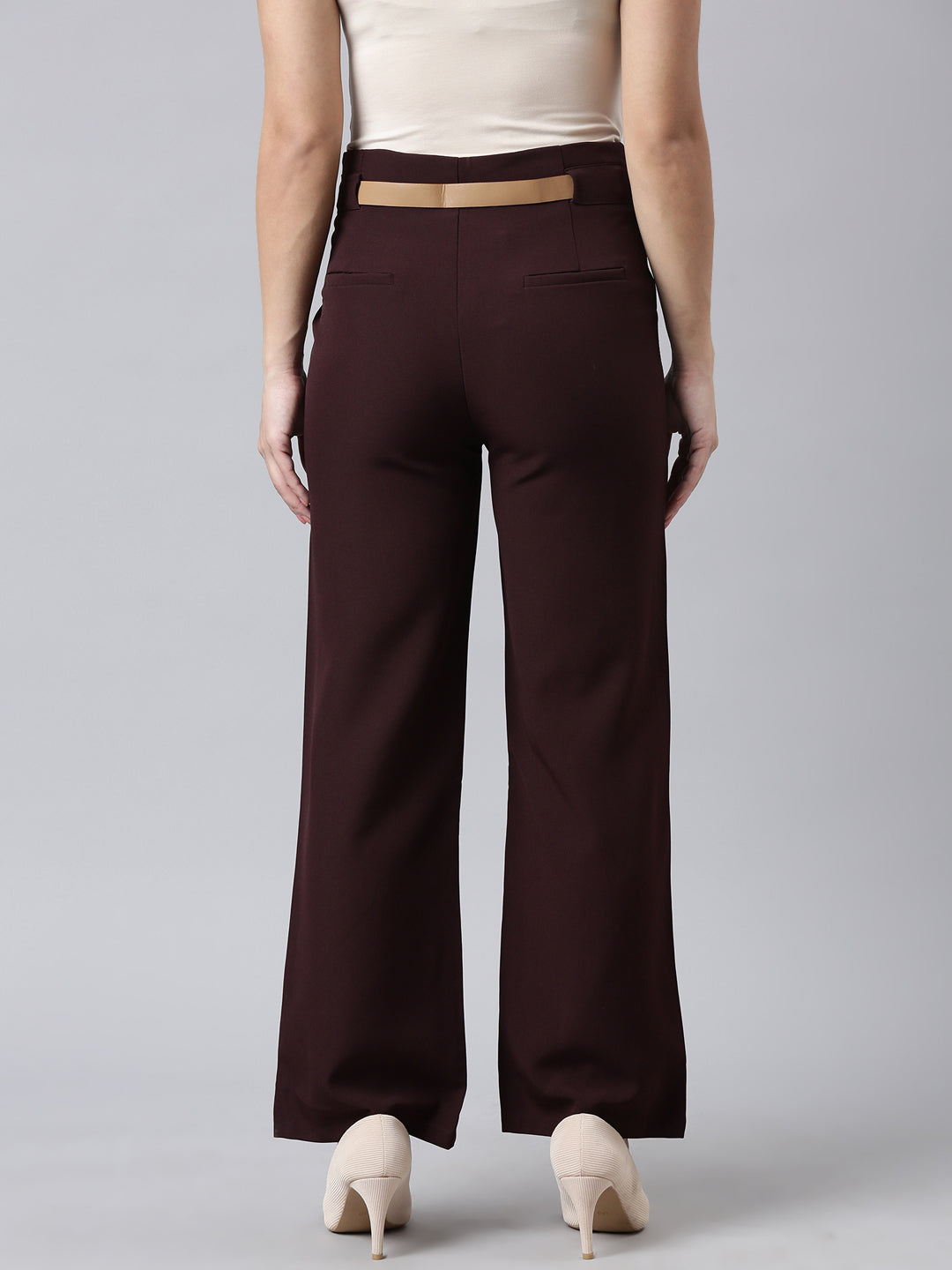 Women Solid Burgundy Parallel Trousers