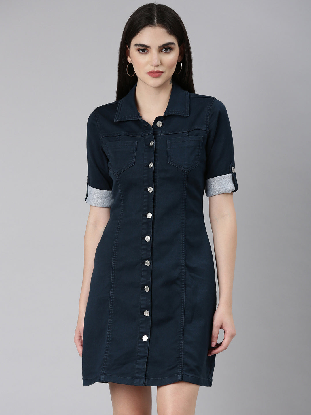 Women Navy Blue Solid A-Line Dress