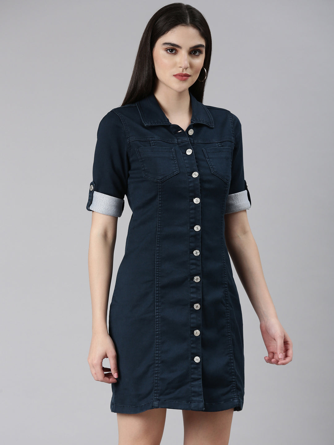 Women Navy Blue Solid A-Line Dress