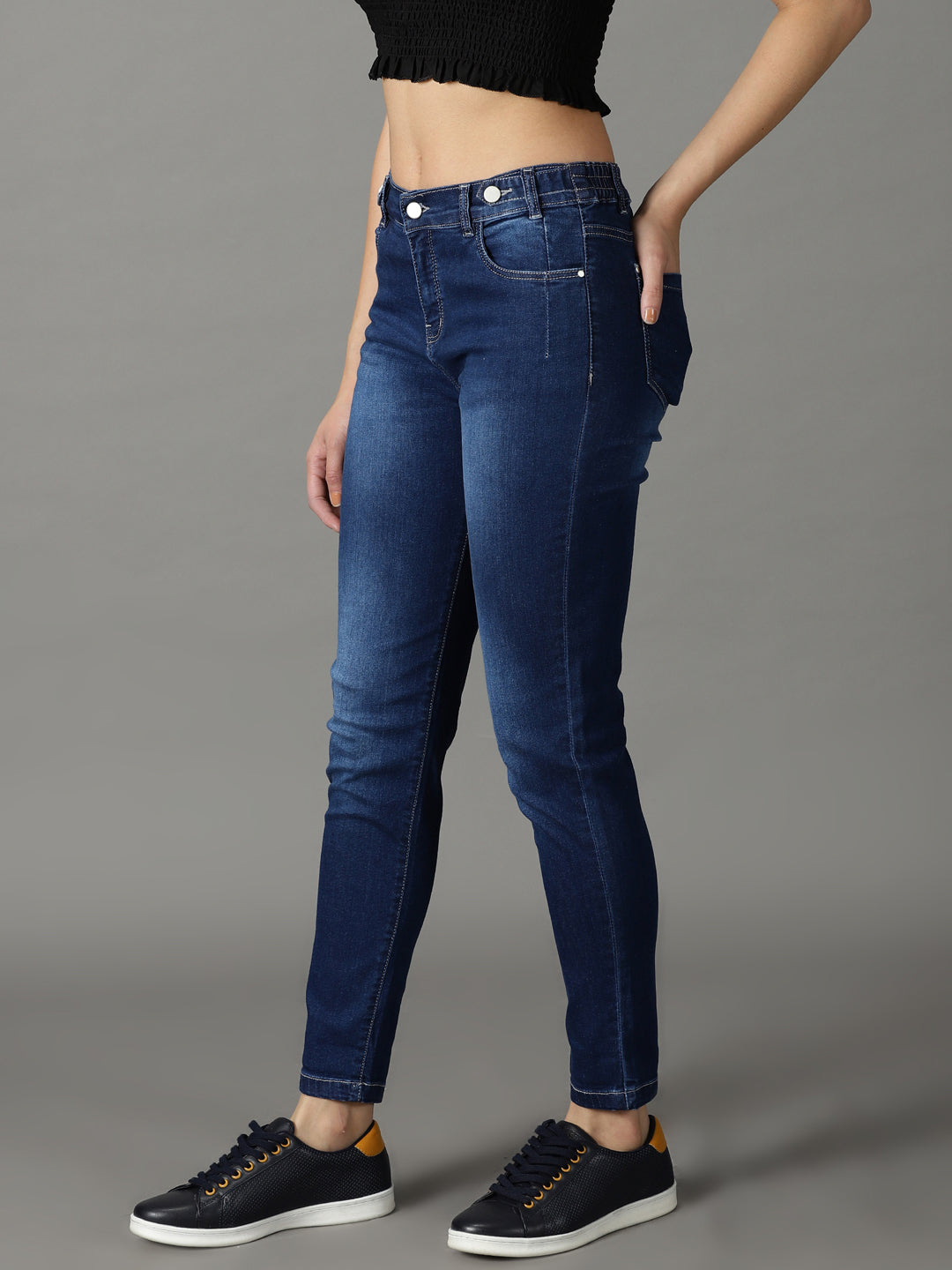 Women's Navy Blue Solid Mom Fit Denim Jeans