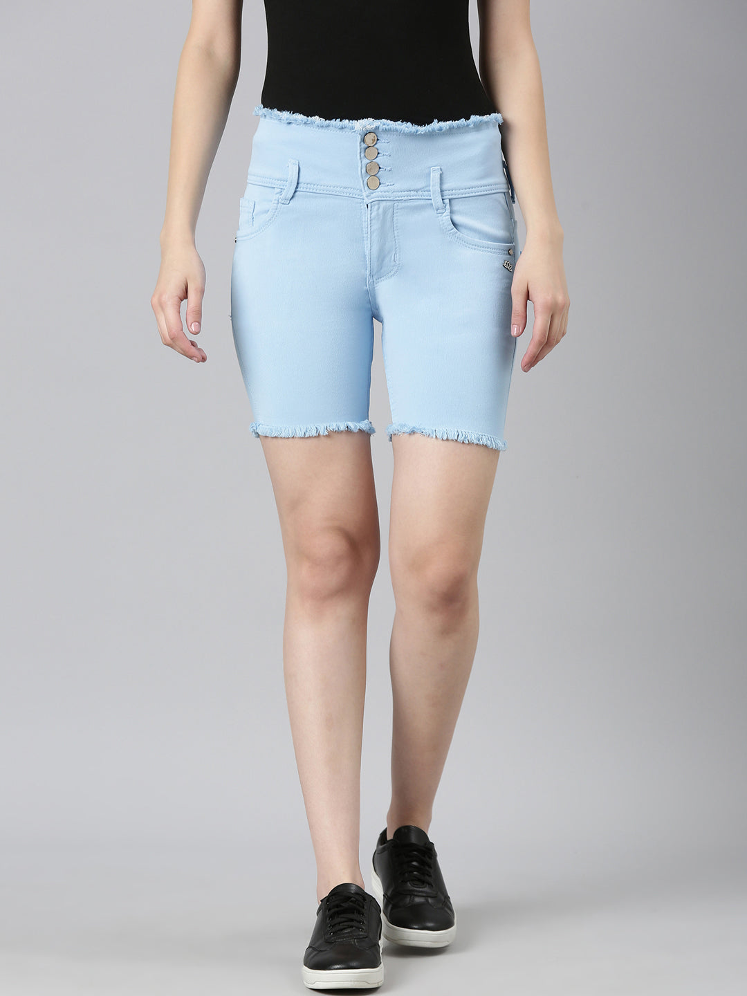 Women Blue Solid Denim Shorts