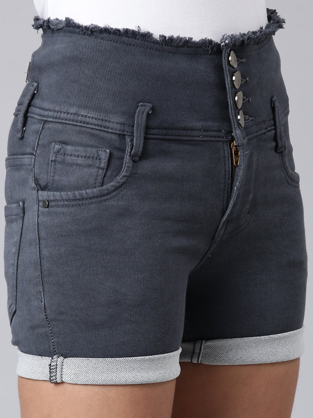 Women Grey Solid Denim Shorts