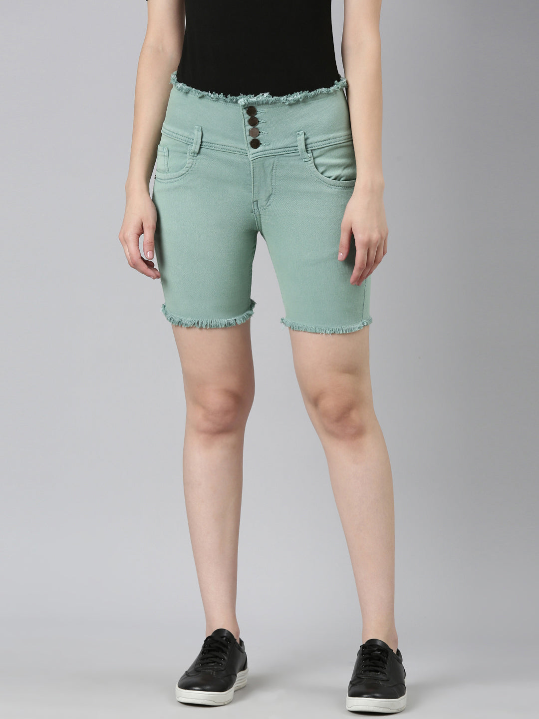 Women Sea Green Solid Denim Shorts