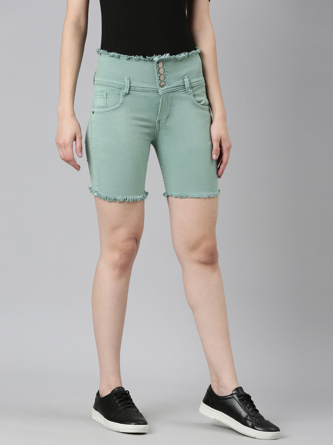 Women Sea Green Solid Denim Shorts
